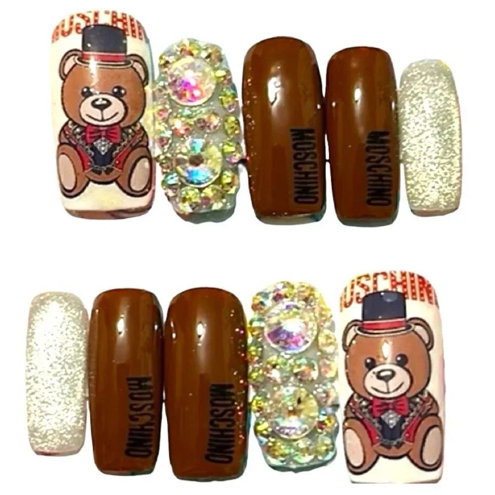 10 Pcs Press On
Nails Large/ Brown,Shape & Aurora borealis crystal Diamo…